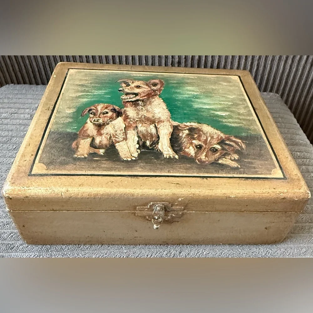 Antique Handpainted Signed Meyer Dog Cat Tin Boxes Jewelry Trinket Lot Of 4